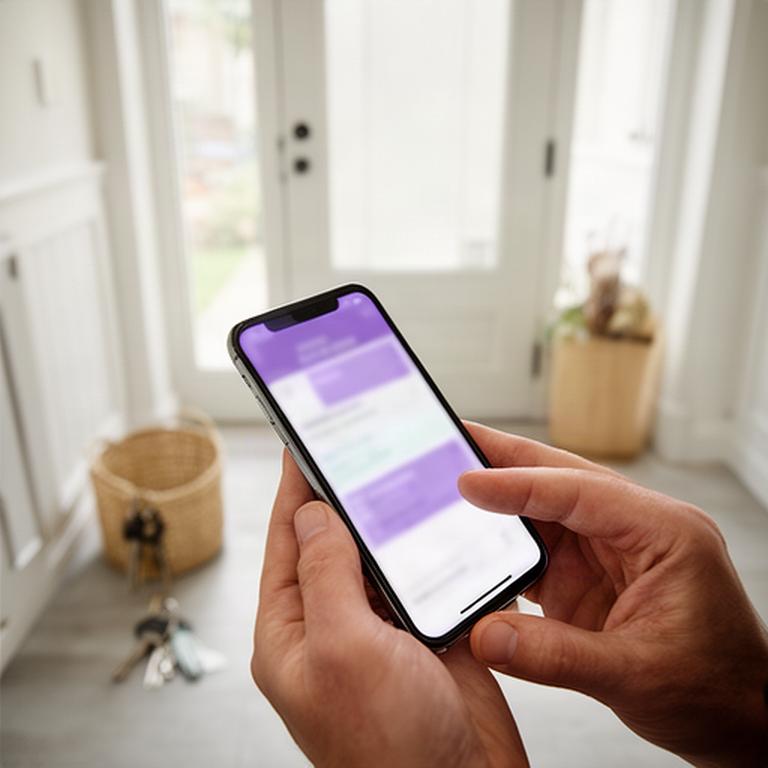 Close view of a customer checking address details on a phone near a clean entryway