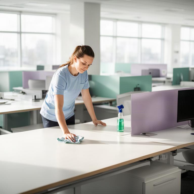 Cleaner wiping desks in a sunlit commercial office