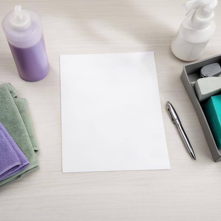 Printed service policy beside a pen and organised cleaning supplies on a desk