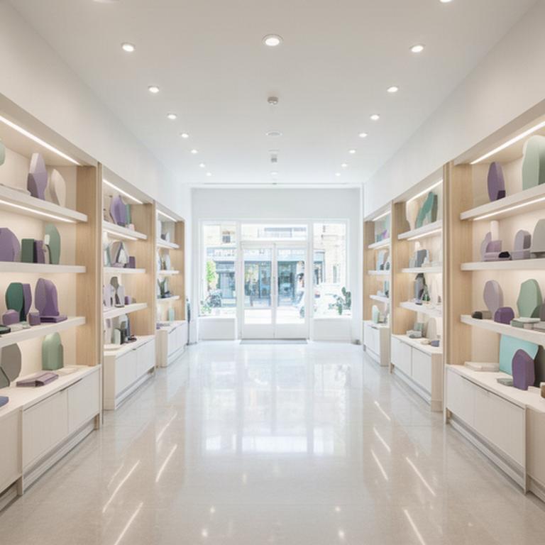 Polished retail showroom with clean display shelves and bright shop windows