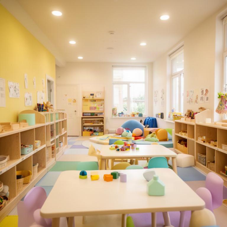 Bright daycare classroom with sanitised tables, shelves, and play areas
