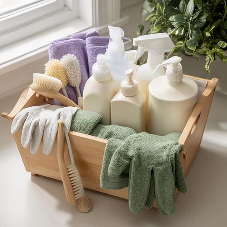 Organized cleaning caddy with cloths and plant-based products in a Lancaster home