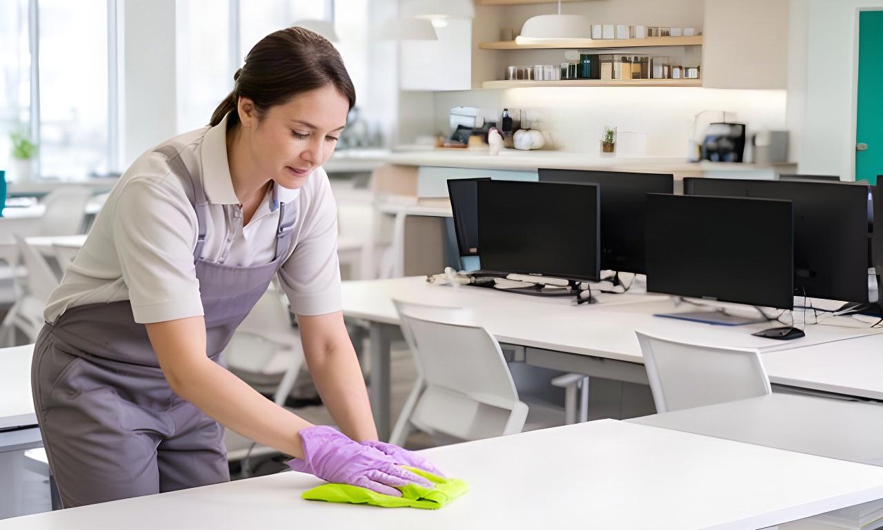 Cleaning professional wiping desks in a bright office with a tidy breakroom beyond