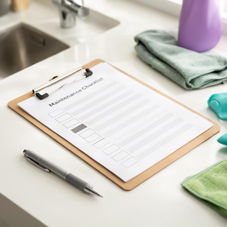 Close view of a maintenance checklist on a clipboard near a clean kitchen