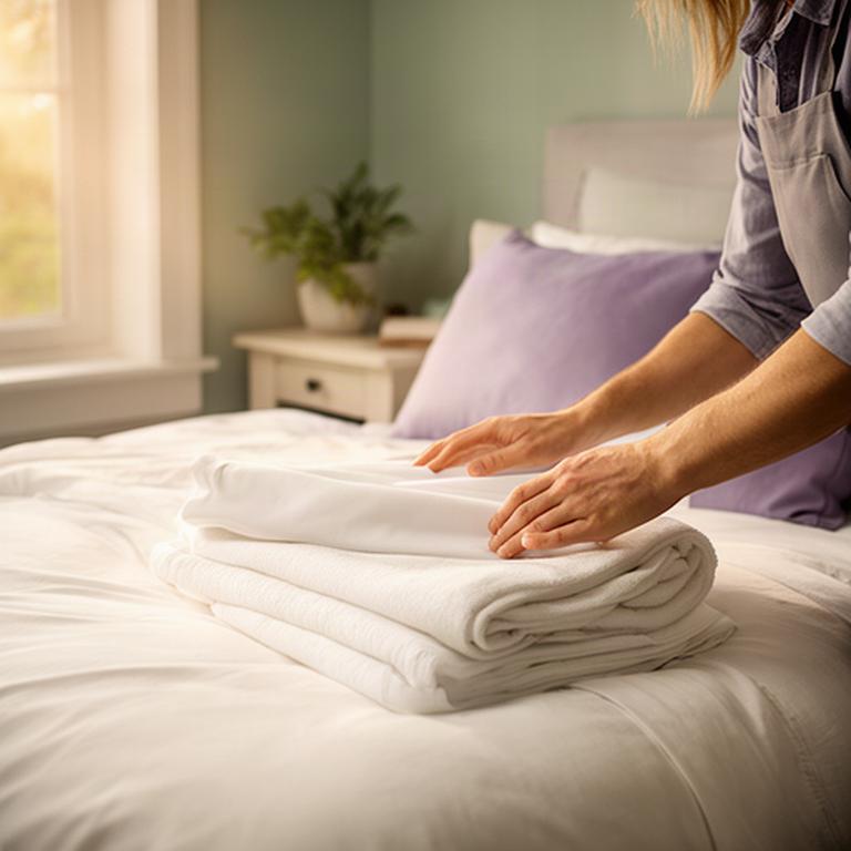 Cleaner folding fresh linens on a neatly made bed in a Lancaster home