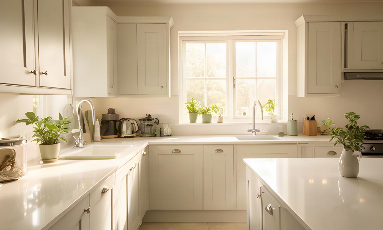 Freshly cleaned residential kitchen with polished counters and sunlight through the window