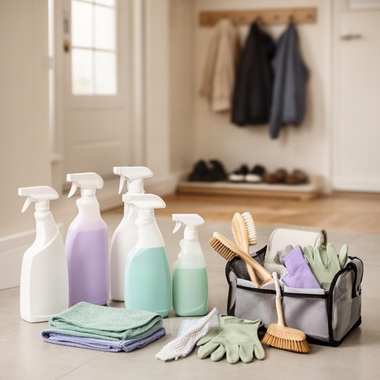 Organized professional cleaning supplies arranged beside a residential entryway