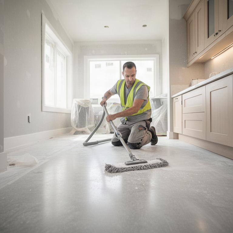 Commercial cleaner removing fine construction dust from a newly finished office floor