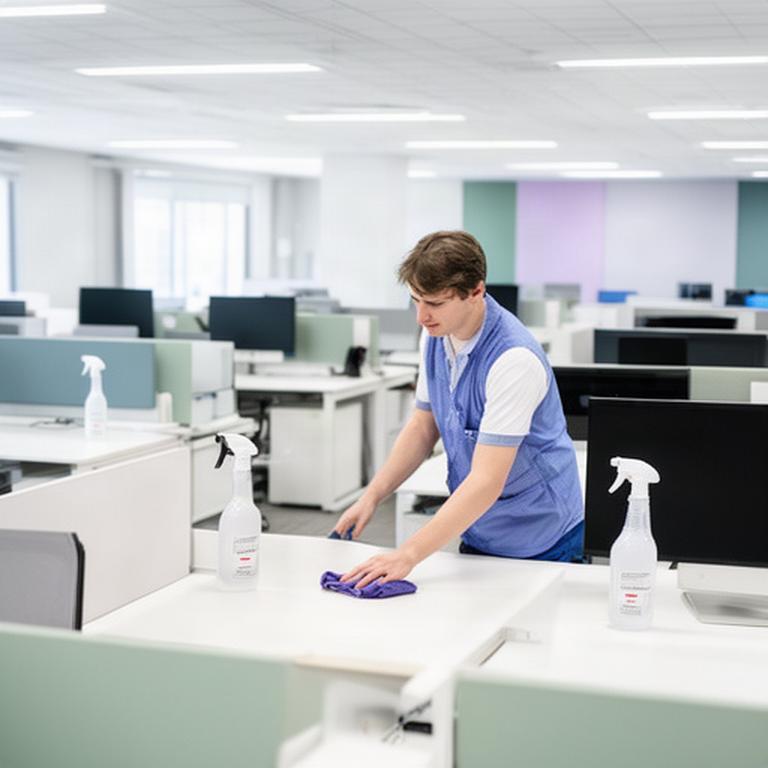 Cleaner sanitizing desks in a bright Lancaster office after business hours