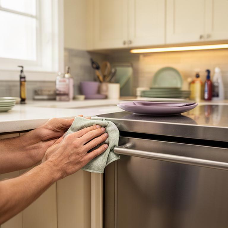 Cleaner detailing appliance surfaces and cabinet edges in a family kitchen