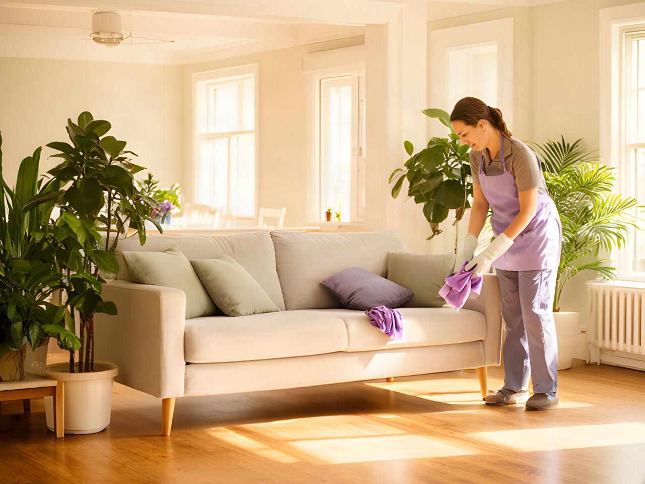 Cleaner wiping a sunlit Lancaster living room beside a tidy sofa and houseplants