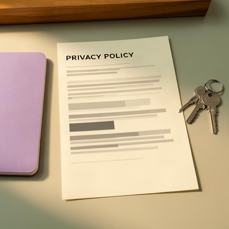 Printed privacy policy being reviewed beside a notebook and house keys