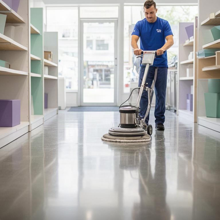 Commercial cleaner maintaining a glossy floor inside a local retail shop