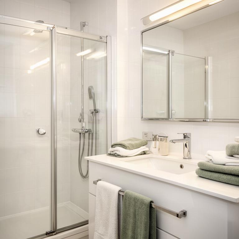 Sparkling residential bathroom with clean tile, glass, and neatly folded towels