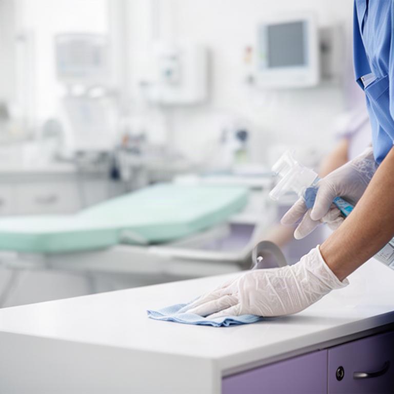 Sanitation worker disinfecting treatment surfaces in a bright medical clinic