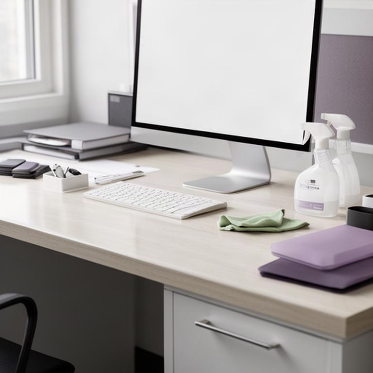 Clean office desk area with disinfected surfaces and neatly arranged supplies in Lancaster