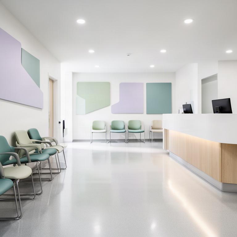 Carefully sanitised clinic reception with clear walkways and polished surfaces