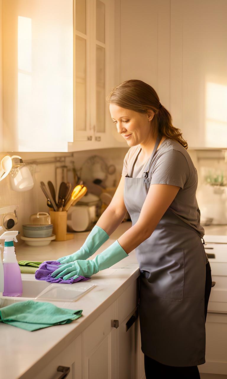 Cleaning professional wiping a bright Lancaster family kitchen beside organized supplies