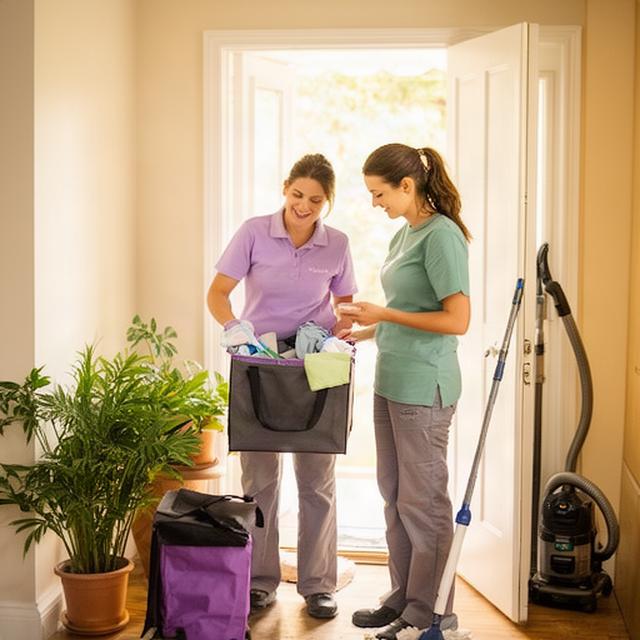 Two friendly cleaners preparing supplies together before entering a Lancaster residence