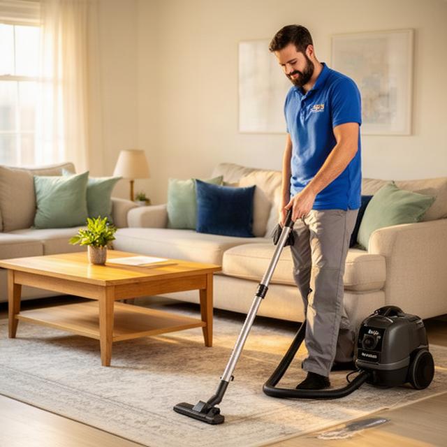 Cleaner vacuuming a welcoming family room during a recurring home maintenance visit