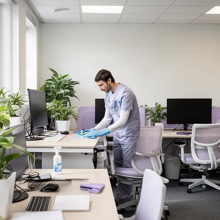 Professional cleaner sanitizing shared workstations in a small office