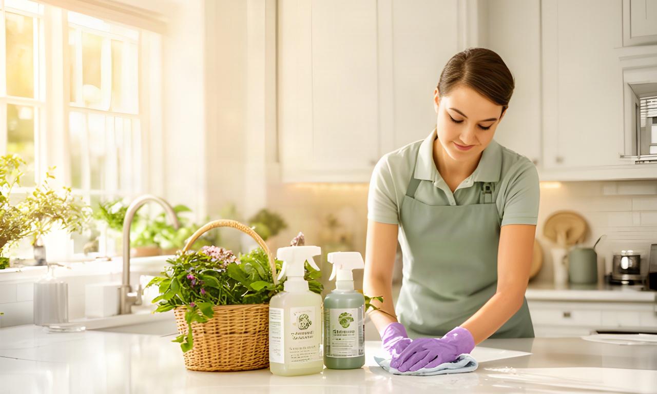 Uniformed cleaner wiping a bright Lancaster kitchen beside a basket of plant-based supplies