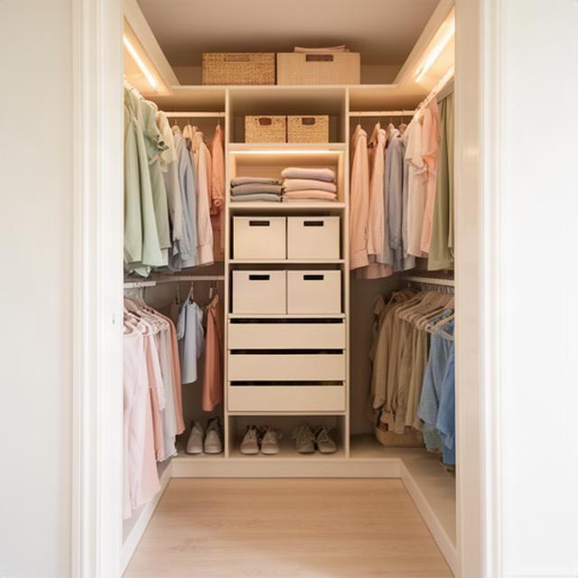 Neatly arranged bedroom closet after shelves and storage spaces were cleaned and organised