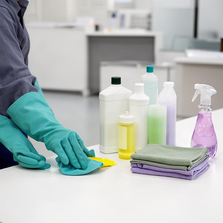 Cleaning professional wearing protective gloves beside labelled supplies in an office