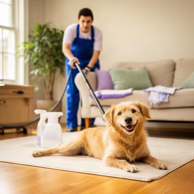 Small dog resting safely in a clean Lancaster home while a cleaner works nearby