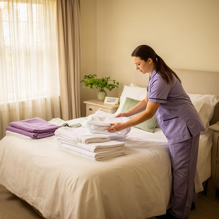 Cleaner arranging fresh linens in a tidy Lancaster bedroom during a maintenance visit