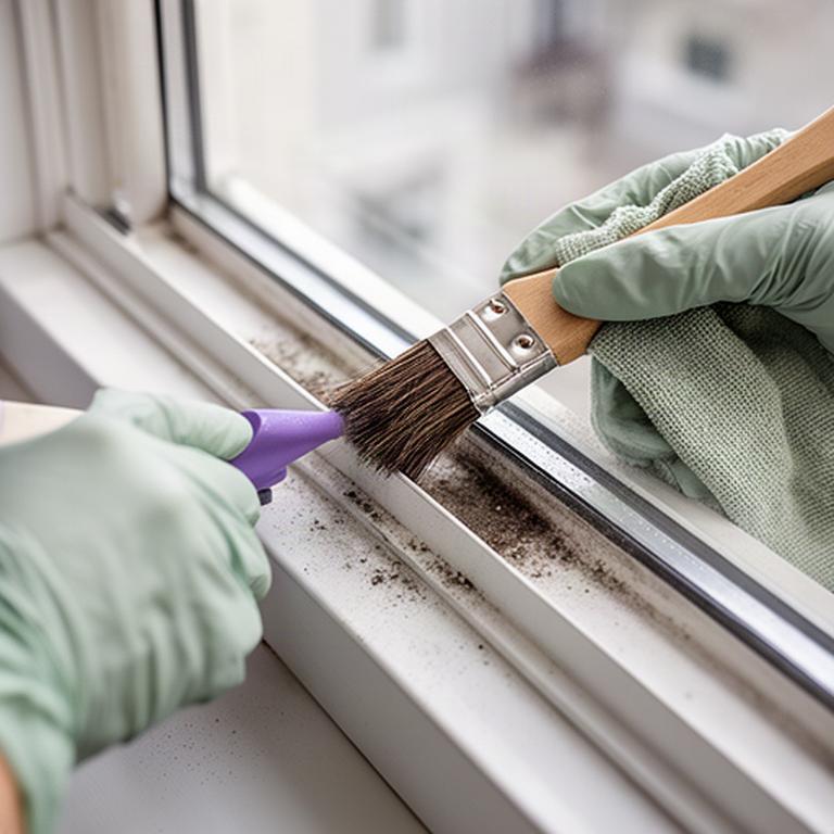 Detail cleaner brushing dust from a window track in a Lancaster home