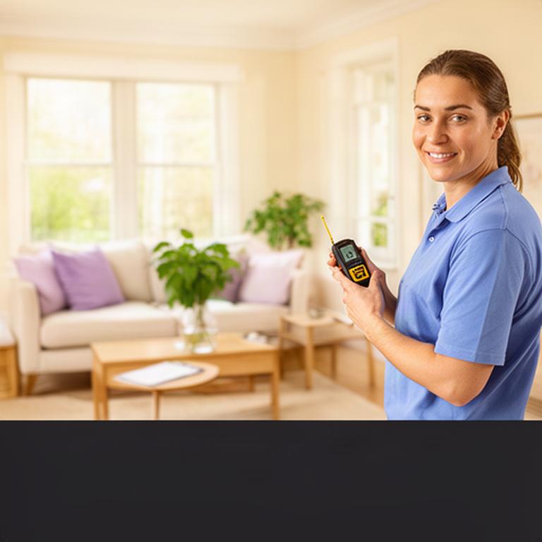 Cleaner measuring a bright Lancaster living room before preparing a home cleaning estimate