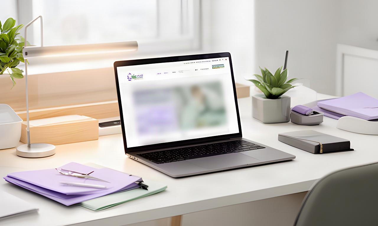 Laptop showing a cleaning service website beside a tidy office desk