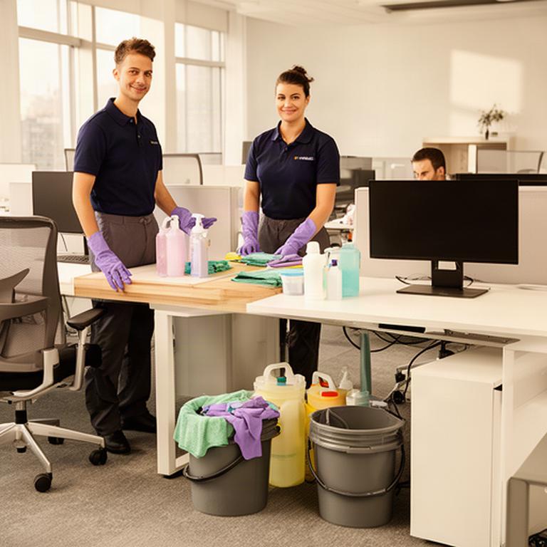 Cleaning team preparing supplies beside desks in a small professional office