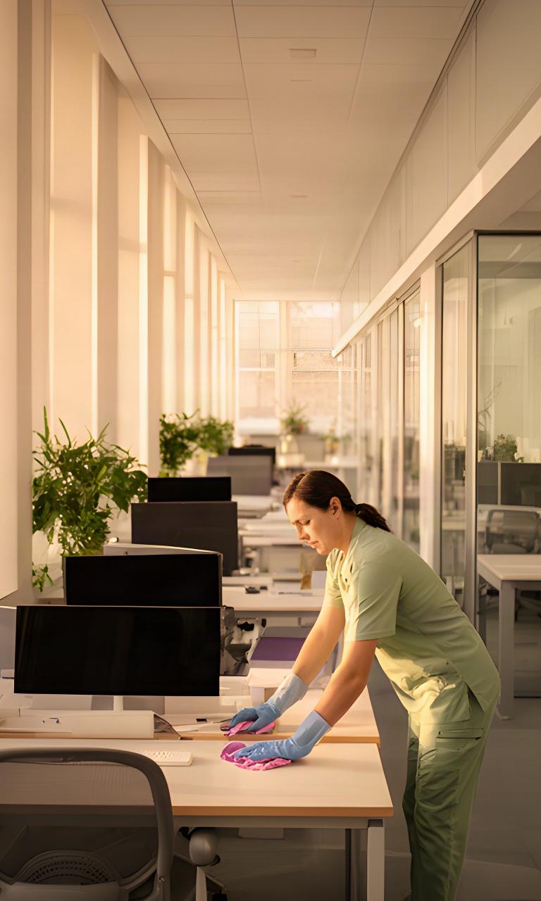 Cleaner sanitizing desks in a sunlit Lancaster office after working hours