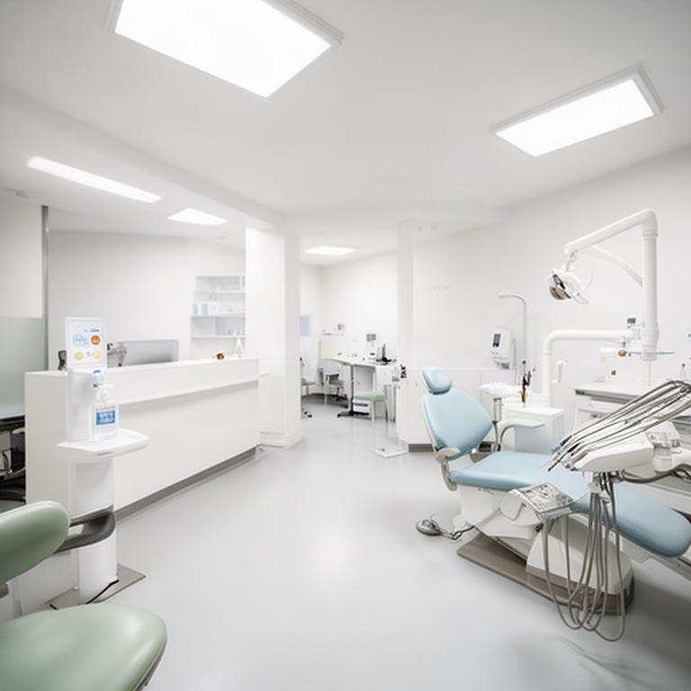 Bright dental office reception and treatment area prepared through daily sanitization