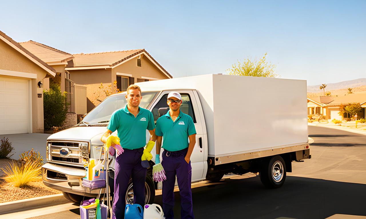 Two local cleaning professionals beside their service truck on a sunny Lancaster street