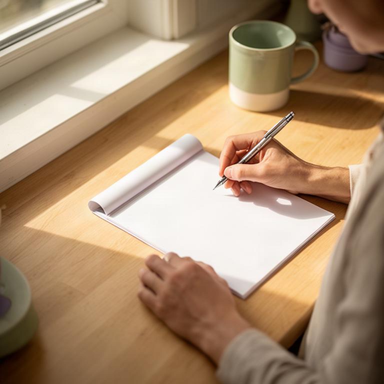 Person writing a residential cleaning request on a notepad in a sunlit kitchen